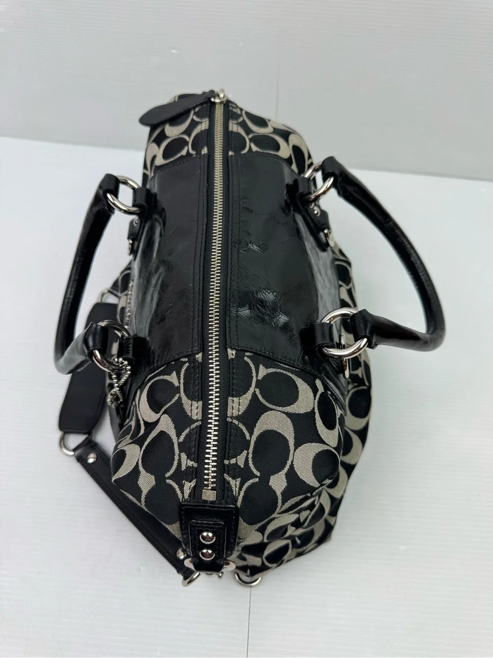 Coach F15443 Black Signature C Sateen Patent Leather Satchel Shoulder Handbag Ba